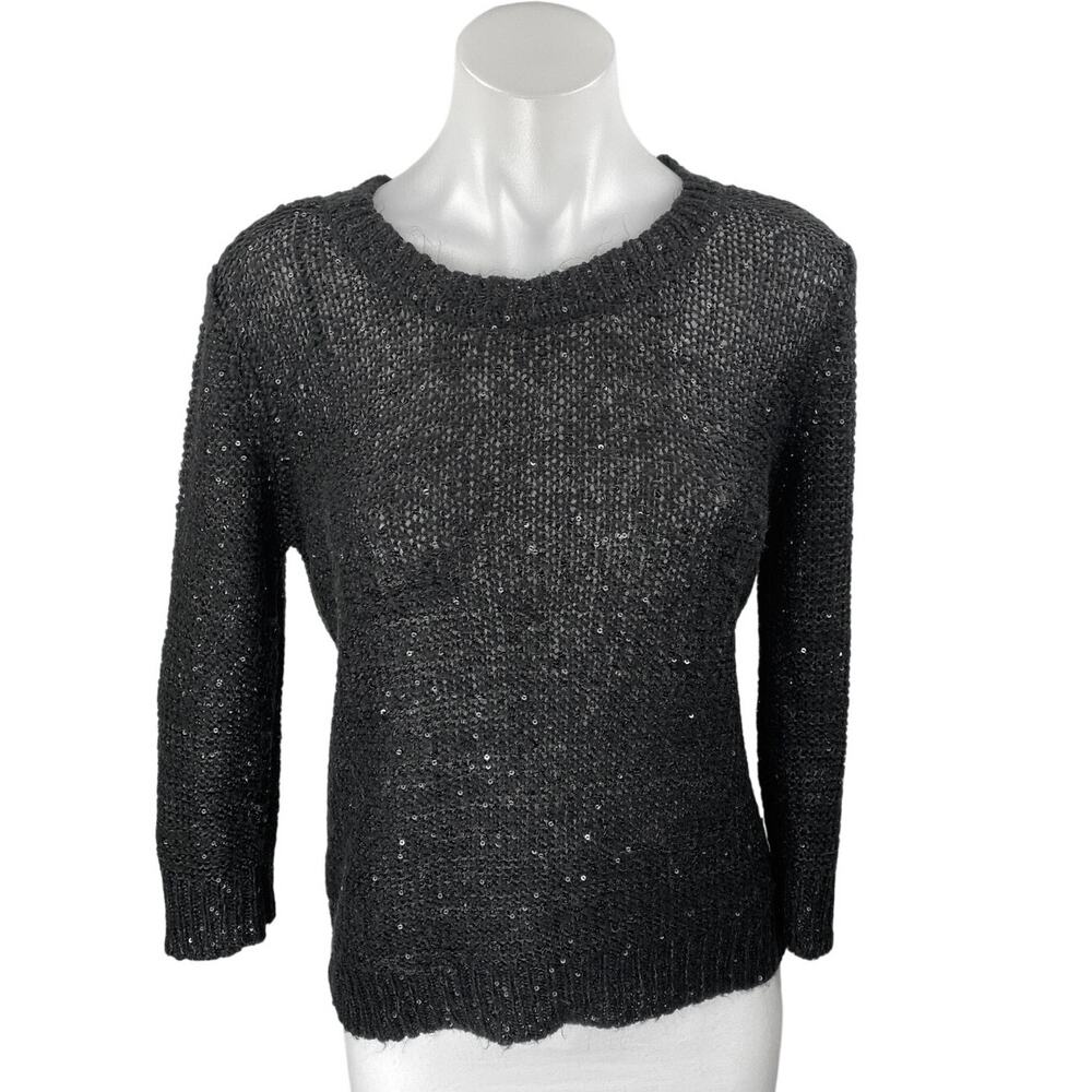 Aqua Black Long Sleeve Sequin Sparkly Knit Crew Neck Pullover Sweater Top Size M